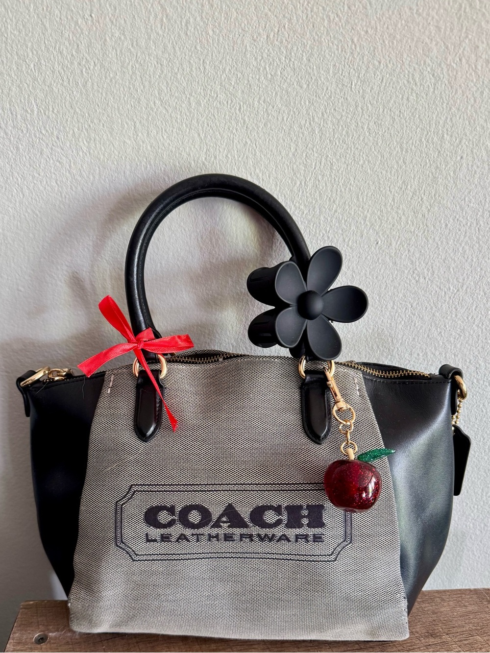 Coach Black & Gray Canvas Leather Satchel Elise Badge